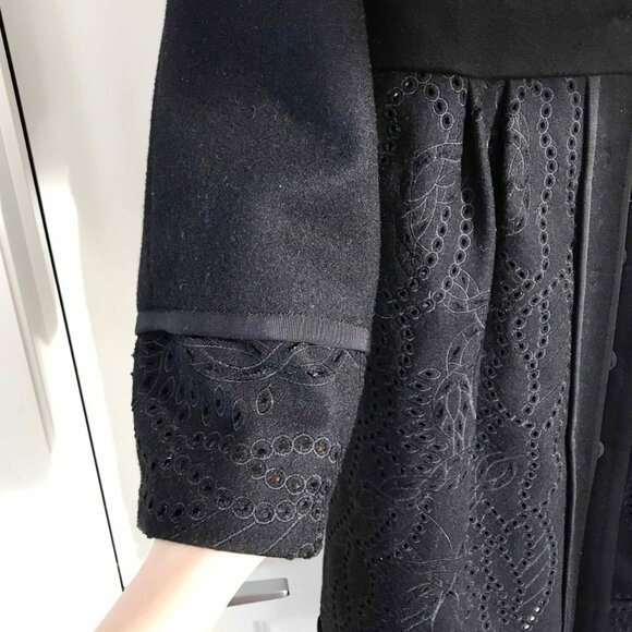 Floral Carved Wool Blend Maxi Coat: Black Punched Hole Jacket, Size M - Picture 6 of 8